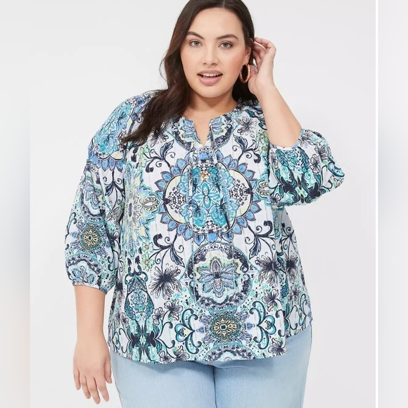 Lane Bryant Size 26/28 (4X) 3/4 Sleeve Notch Neck Tie Front Blouse Blue Geo Flor - Picture 2 of 11